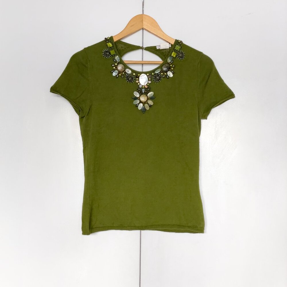 Oscar de la Renta Olive Green Cashmere Silk Knit Top with Mother-of-Pearl